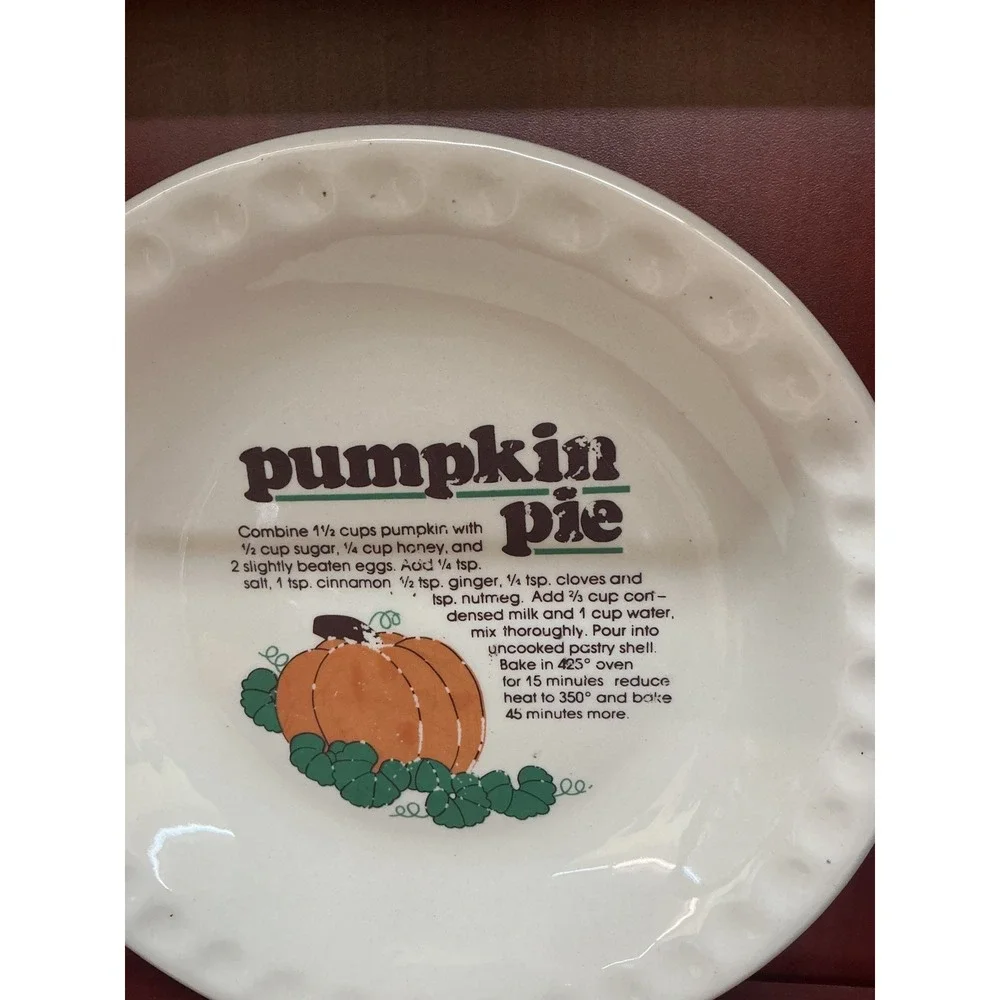 Vintage Pumpkin Pie Recipe Ceramic Dish Scalloped Edge 10.5 Inch Thanksgiving